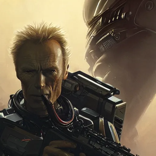 Prompt: Clint Eastwood as an android in Alien Isolation, intricate, highly detailed, digital painting, artstation, concept art, sharp focus, illustration, art by greg rutkowski and alphonse mucha