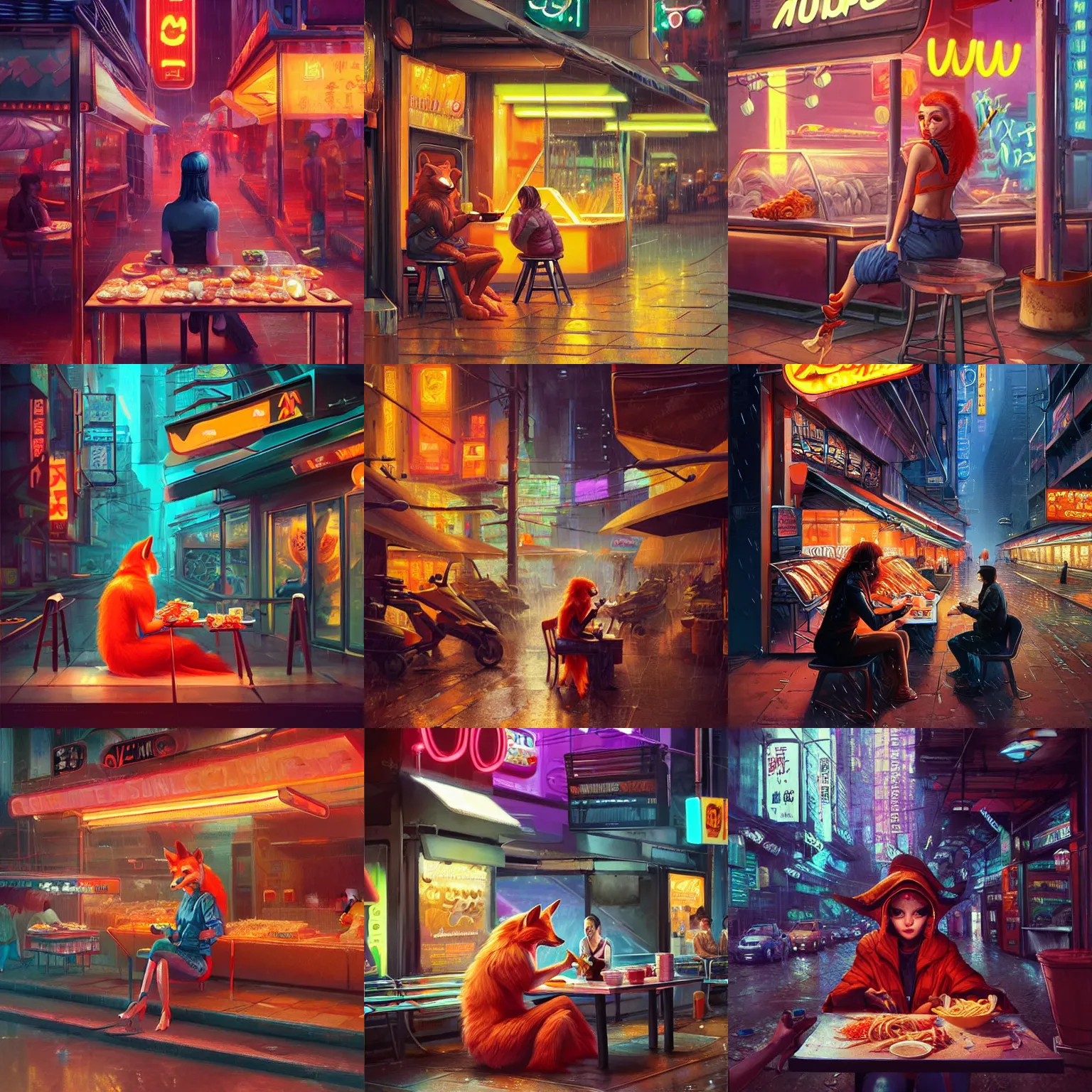 Prompt: anthropomorphic female vulpes vulpes fulva woman sitting at a noodle stand eating noodles in the crowded street of a cyberpunk city, rain, harsh neon lights, highly detailed, digital painting, trending on artstation, concept art, sharp focus, illustration, art by artgerm and greg rutkowski and magali villeneuve