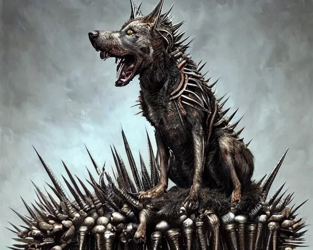 Image similar to Haunting horrifying hyperrealistic detailed painting of a dog canine creature sitting atop a giant throne of spikes, heavy metal, disgusting, creepy, unsettling, in the style of hyper detailed, trending on Artstation
