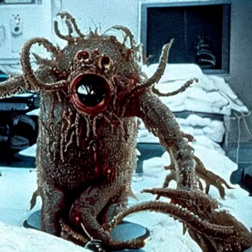 Prompt: horrible creature from the movie The thing (1982). disgusting. movie scene. blood. creepy. tentacles. peeling. chilling. scary. gross. visceral. disturbing. granular photography W-1024 H1024