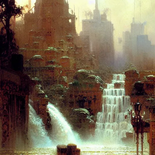 Image similar to waterfall flooding an entire city. victorian age. highly detailed painting by gaston bussiere, craig mullins, j. c. leyendecker