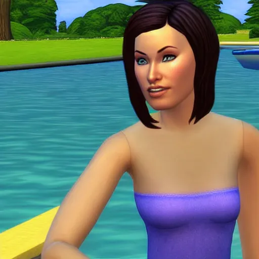 Image similar to the sims 2. a in - game closeup of olivia wilde.