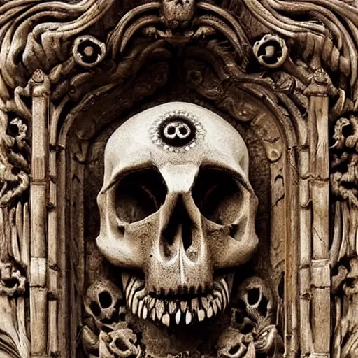 Prompt: a award winning stunning photograph of a skull with eyeballs and ornate carvings