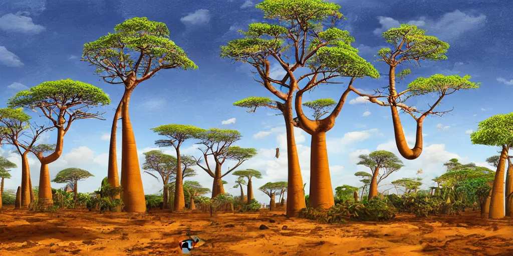 Prompt: a Malagasy landscape with baobab trees in the early morning, digital painting, highly detailed