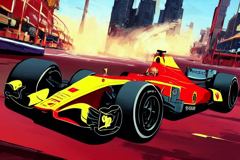 Prompt: ferrari formula one car stylize, art gta 4 cover, official fanart artstationhq by jesper ejsing, by rhads, makoto shinkai and lois van baarle, ilya kuvshinov, ossdraws, that looks like it is from borderlands and by feng zhu and loish and laurie greasley