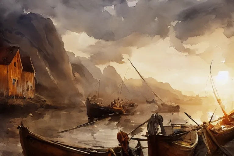 Prompt: paint brush strokes, abstract watercolor painting of rustic fishing village at foggy dawn, viking age, ambient lighting, art by hans dahl, by jesper ejsing, art by anders zorn, wonderful masterpiece by greg rutkowski, cinematic light, american romanticism by greg manchess, creation by tyler edlin