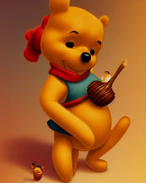 Prompt: beautiful winnie the pooh as honey, made of honey, wearing honey - themed miniskirt, award winning creature portrait photography, extremely detailed, artstation, 8 k, sensual lighting, incredible art, wlop, artgerm, backlit, rim lighting