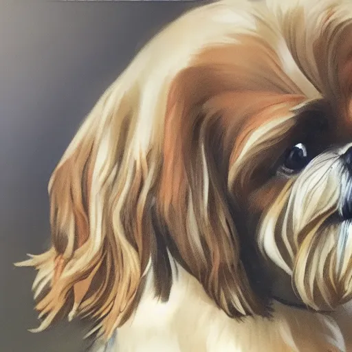 Prompt: golden shih tzu feeding on zombie corpse, photorealism