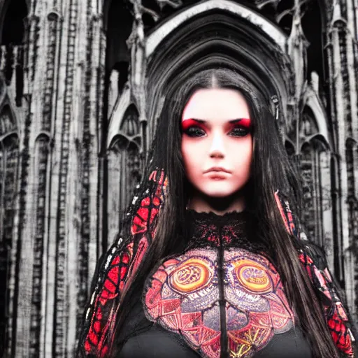 Image similar to landscape gothic girl dressed in black, perfect face, macro head shot, behind her a gothic cathedral, the windows of the cathedral are reflecting red flame lights, delicate mandala intricate ornaments
