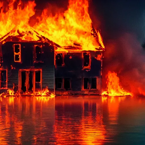 Image similar to photo of a burning house underwater, cinematic