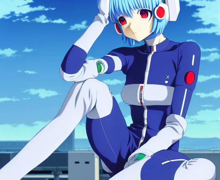 Image similar to anime art, fullbody shot of female rei ayanami, evangelion, long blue hair and large eyes, finely detailed perfect face, in a pale skintight plugsuit, sitting on rooftop, flooded city, trending on pixiv fanbox, by ilya kuvshinov, sola digital arts,, raytracing