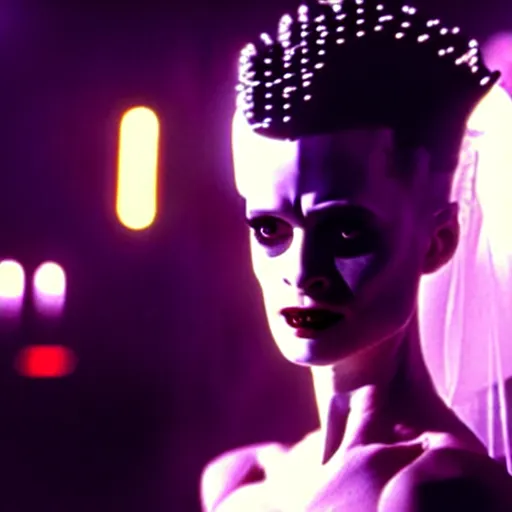 Image similar to cinematic portrait of surprised kristen mcmenamy as bride of frankenstein as a replicant in a busy nightclub,, still from the movie bladerunner, fashion photography, a sign is in the background, 8 k, high detail, face in focus