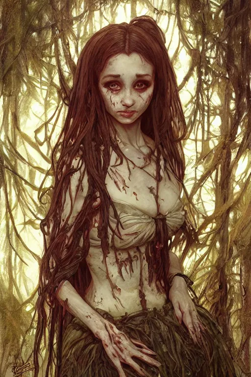 Image similar to scared cottagecore zombie Ariana Grande , rotten flesh & corpses, creepy forest, intricate, elegant, highly detailed, digital painting, artstation, concept art, smooth, sharp, focus, illustration, art by artgerm and greg rutkowski and alphonse mucha