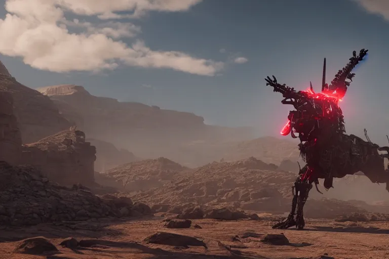 Image similar to a cinematic still from Westworld, red mech, armored core, octane render, nvidia raytracing demo, masterpiece