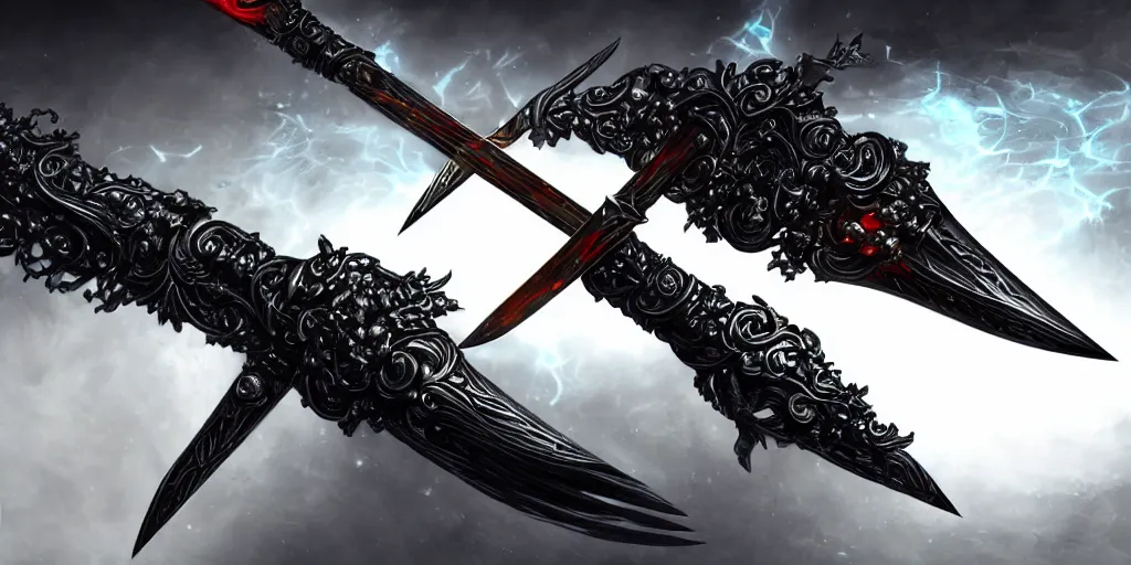 Image similar to legendary cybernetic long sharp sword lying flat on a glowing table with a black and iridescent sword blade, digital award winning hd matte painting, intimate dark moody, intricate, ornate spikes, colorful hilt, detailed realistic, raytraced blade, colored gems, future golden technological pommel, in the style of greg rutkowski and krenz cushart, deviantart