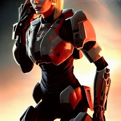 Image similar to A combination of Ashley Greene's and Ada Wong's and Grace Kelly's appearances with blonde hair wearing Forerunner armor from Halo, high tech, action shot, angular, full body portrait, futuristic, dramatic, fantasy, intricate, elegant, highly detailed, artstation, matte, sharp focus, 8K, art by Artgerm and Greg Rutkowski and Alphonse Mucha