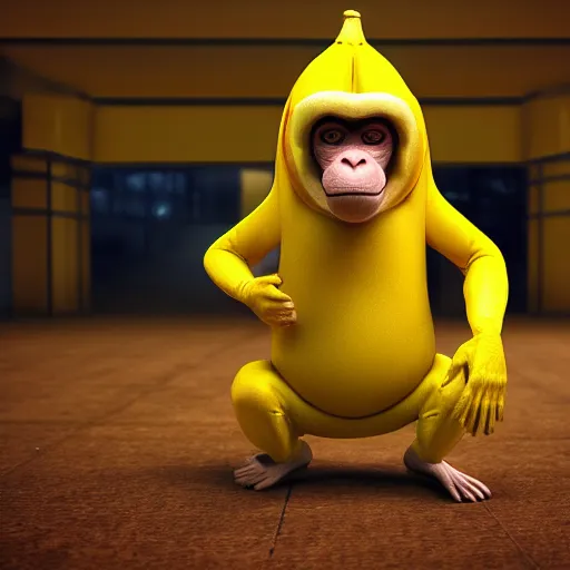 Image similar to digital art of a monkey in a banana costume, 8 k render, octane render, saturated