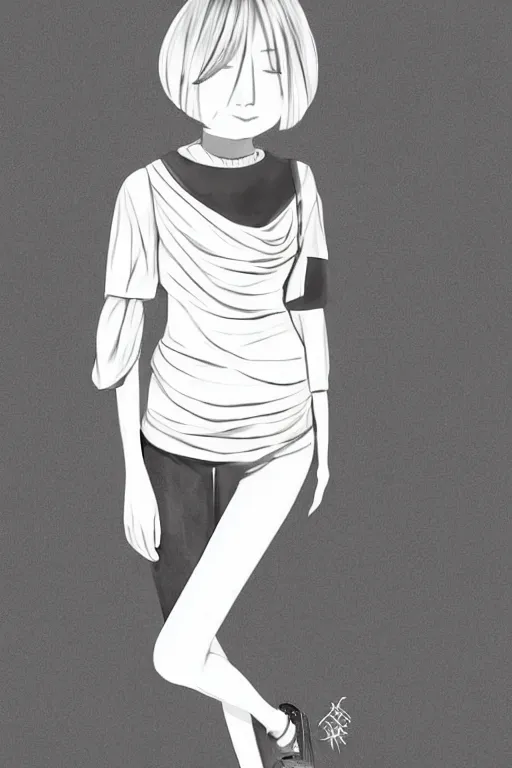 Prompt: portrait of a girl in long pants and a top, hands in pockets, eyes closed, bob haircut, digital art, black and white, illustration by roro kurotani