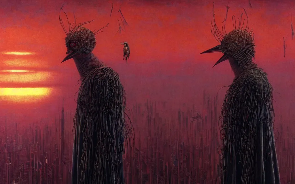 Image similar to realistic detailed portrait movie shot of a birdman wearing dark ragged robes, futuristic city sunset landscape background by denis villeneuve, amano, yves tanguy, alphonse mucha, ernst haeckel, max ernst, roger dean, rich moody colours, cinematic