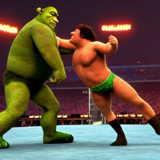 Prompt: shrek vs andre the giant at wrestlemania 8, dramatic lighting, 8k