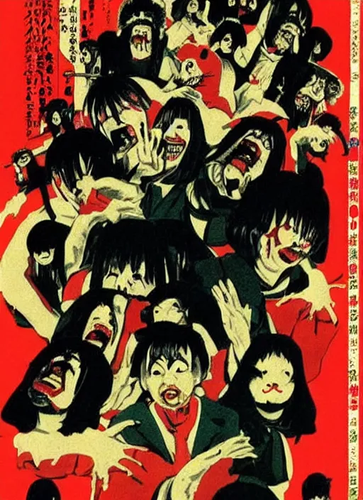 Prompt: vintage japanese movie poster with nightmarish monsters, from a 1 9 8 0 s japanese horror movie