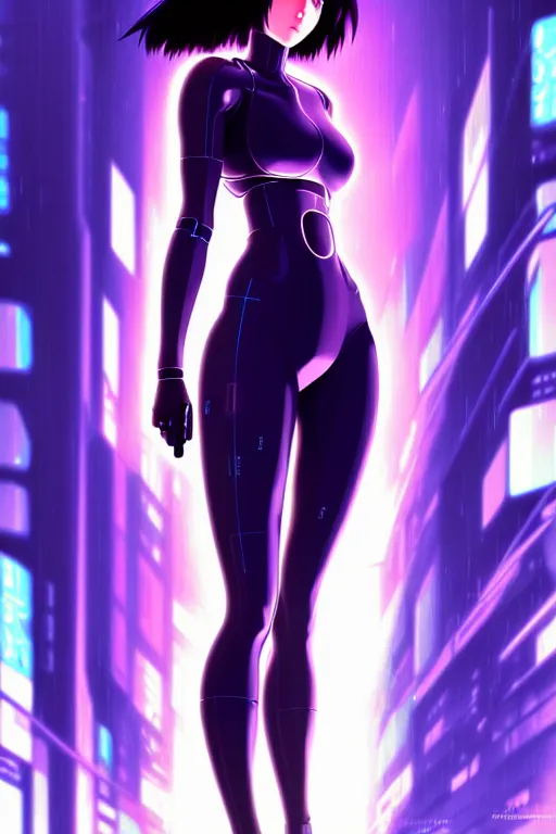 Image similar to a still fullbody portrait of motoko kusanagi ghost in the shell, finely detailed features, closeup at the faces, perfect art, at a cyberpunk city, gapmoe yandere grimdark, trending on pixiv fanbox, by ilya kuvshinov, rossdraws, artgerm