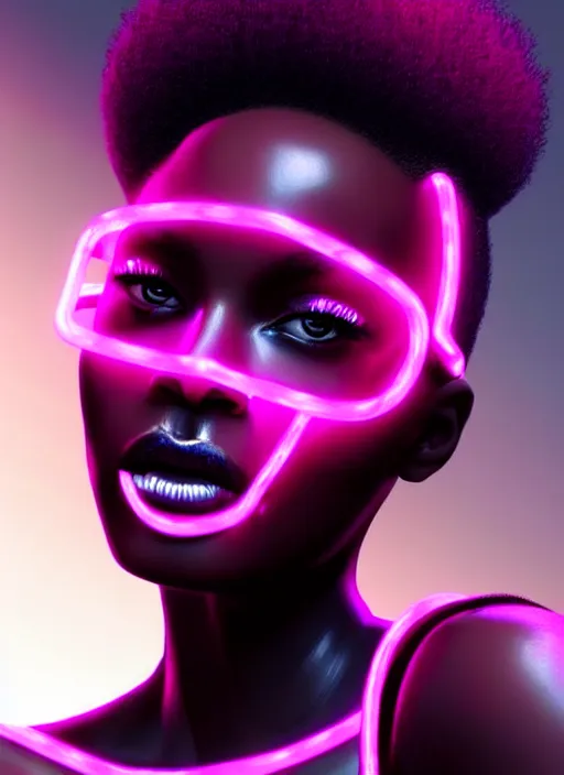 Image similar to photorealistic portrait of black american female humanoid, cyber neon lights, highly detailed, cyberpunk high fashion, elegant, crispy quality, trending in artstation, trending in pinterest, glamor pose, no signature, no watermark, cinematic, art by pascal blanche