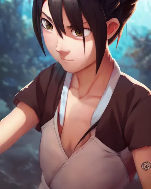 Image similar to tenten from naruto, two hair buns, medium shot, visible face, detailed, perfectly shaded, perfectly shaded face, atmospheric lighting, realistic, by makoto shinkai, stanley artgerm lau, wlop, rossdraws