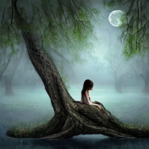 Image similar to highly realistic painting of a towering misty dark fantasy forest surrounding a pond, a girl sits on the roots of an ancient tree looking up at the moon, spooky fog, fantasy painting hd