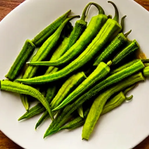 Image similar to a dish of okra veg with green stalky ( ( green oprah winfrey's face ) ), oprah okra winfrey sentient veg