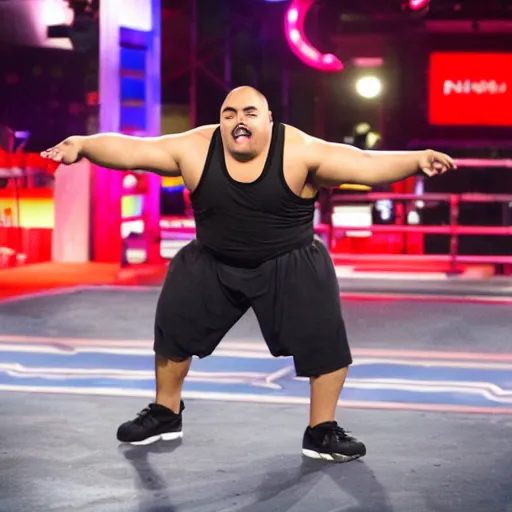 Image similar to Gabriel Iglesias competing on American Ninja Warrior, sports photography