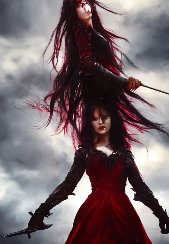 Image similar to a beautiful fierce long black haired woman wearing red dress wielding black sword posing heroically, heavenly moonlit clouds background, close up shot, artstation, extremely detailed woman, stunning volumetric lighting, hyper realism, fantasy 4k