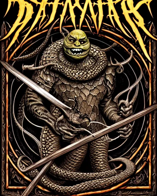 Prompt: a death metal album cover, pentagram art, a dragon, a snake, and shrek holding a sword, highly detailed, album art, ornate, by sam turner, by michael whelan, album cover, metal, intricate