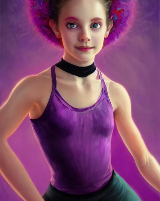 Prompt: young brook shields as a ballerina, perfect face, purple halter top, black hair, abs, cinematic, young adult, slim face, stunning, adorable, cute, athletic, strong, agile, highly detailed, psychedelic, digital painting, artstation, smooth, hard focus, illustration, art by jessica rossier and and brian froud