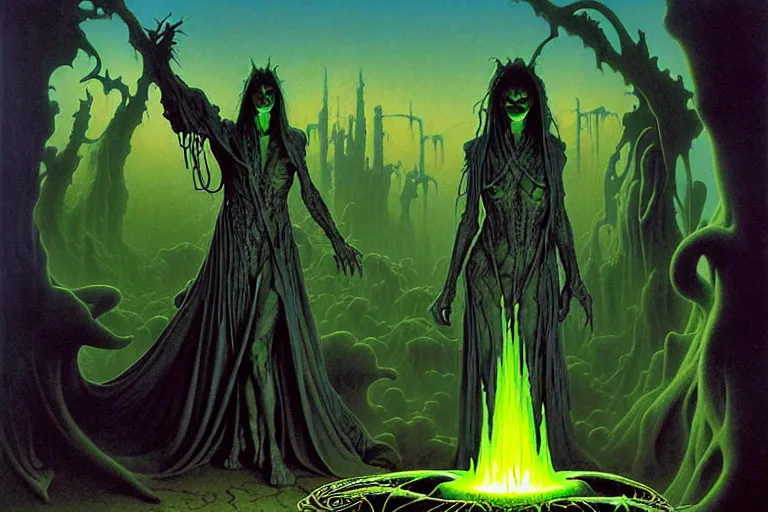 Prompt: the forgotten misery by michael whelan and roger dean and brom and hubert robert and greg staples and donato giancola, beautiful, flowing magical flesh robe, highly detailed, hyperrealistic, intricate, energy, electric, blue flame, low light, green crystal, high contrast, old and young, lifelike