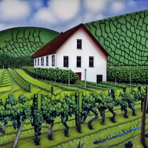 Image similar to Hyperrealism traditional austian house in a vineyard painting by MC Escher