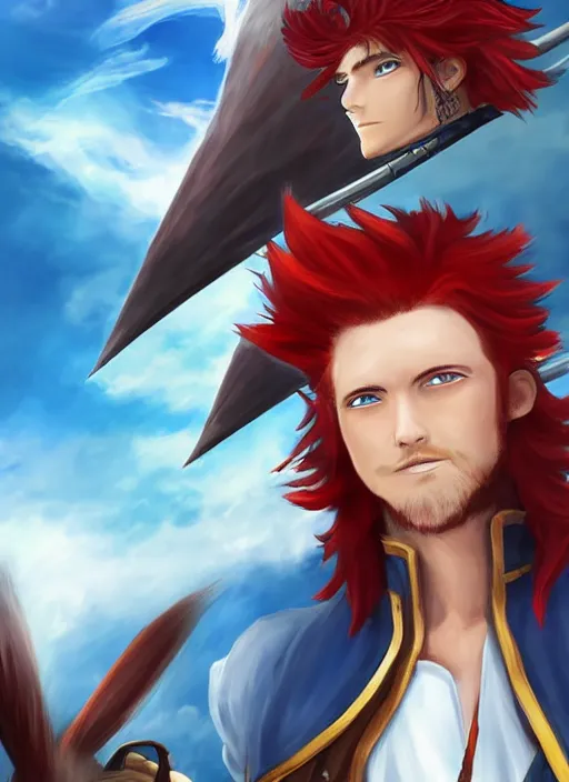 Image similar to An epic fantasy pokemon anime style portrait painting of a long haired, red headed male sky-pirate in front of an airship