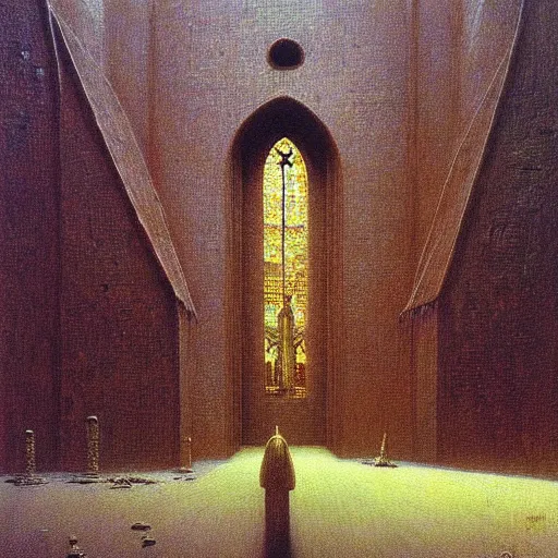 Prompt: church of the golden snail painting by beksinski, barlowe colors. masterpiece painting