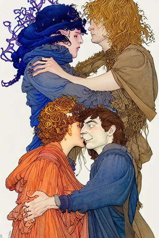 Image similar to a hyperrealist watercolour character concept art portrait of young lovers forgiveness. love. union. by rebecca guay, michael kaluta, charles vess and jean moebius giraud