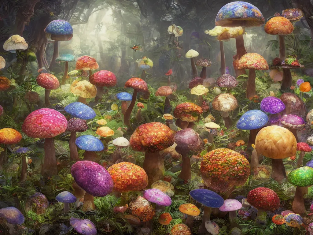 Prompt: The universe is a spheroid forest of enchanted mushrooms, 3d render, Sunlight Study, by Jan Davidsz de Heem and ((((Lisa Frank)))), Art Nouveau, 8k, extreme detail, sharp focus, octane render