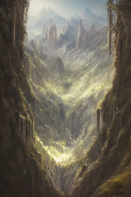 Prompt: amazing concept painting, by Jessica Rossier and HR giger and Beksinski, Rivendell, elvish and greek fortress overlooking a valley, terraces, hallucination, garden of eden