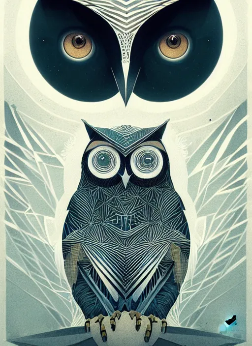 Image similar to portrait of a geometric owl, identical eyes, medium shot, illustration, full body made of white feathers, symmetrical, art stand, super detailed, cinematic lighting, and its detailed and intricate, gorgeous, by peter mohrbacher