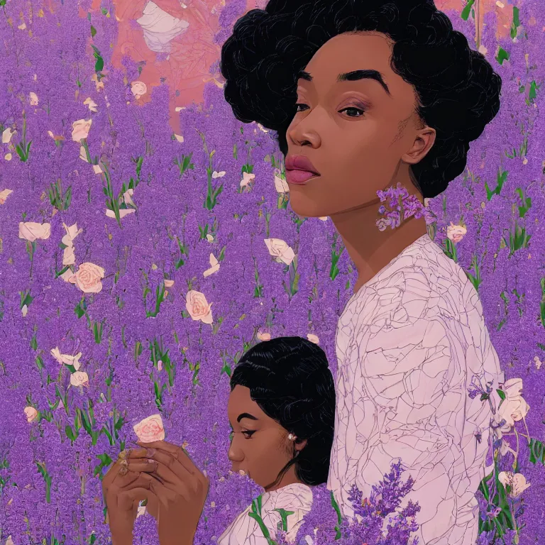 Prompt: gorgeous portrait of a black woman with lavender and rose florals by victo ngai, hyper detailed painting, distance, centered, hd, hq, high resolution, high detail, 4 k, 8 k