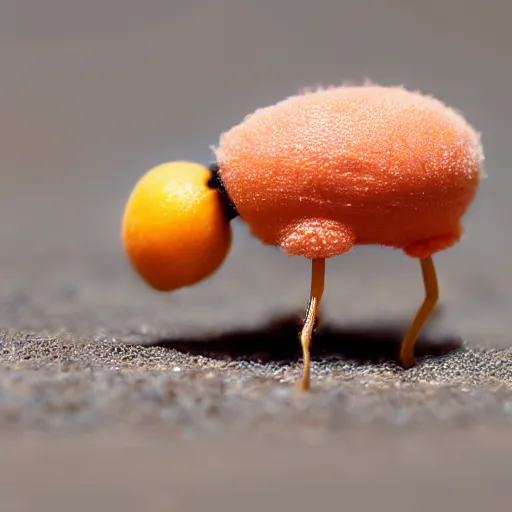 Prompt: a female peach with eyelashes and long legs walking on the beach, realistic, macro photo, highly detailed
