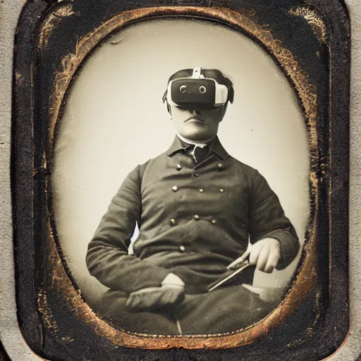 Prompt: tintype photo of a man from the 1800s using a wired vr headset