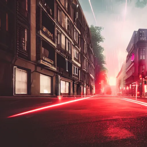 Prompt: photorealistic image of city street with red storm above, first person view