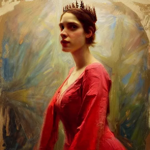 Image similar to solomon Joseph Solomon and Richard Schmid and Jeremy Lipking victorian genre painting portrait painting of a young beautiful woman queen of the sky in fantasy costume, red background