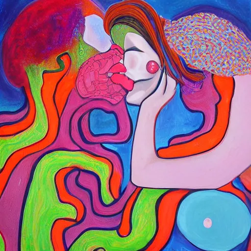 Image similar to expressive painting by francesca sundsten of two bizarre psychedelic femme creatures kissing each other closeup. they are growing out of an alien landscape. speculative evolution, exobiology