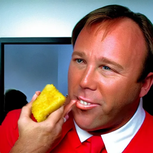 Image similar to alex jones eating a huge twinkie, high definition, color film,