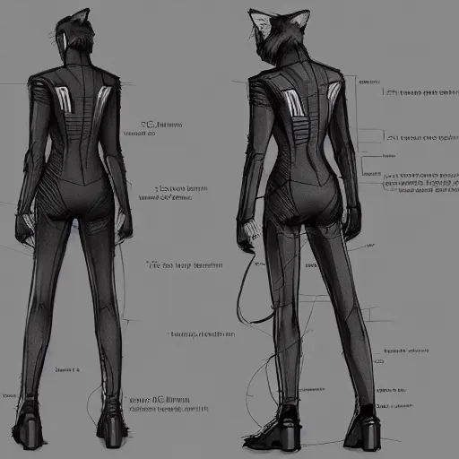 Prompt: cyberpunk cat in suit sketch, front'side and backview'modelling reference sheet